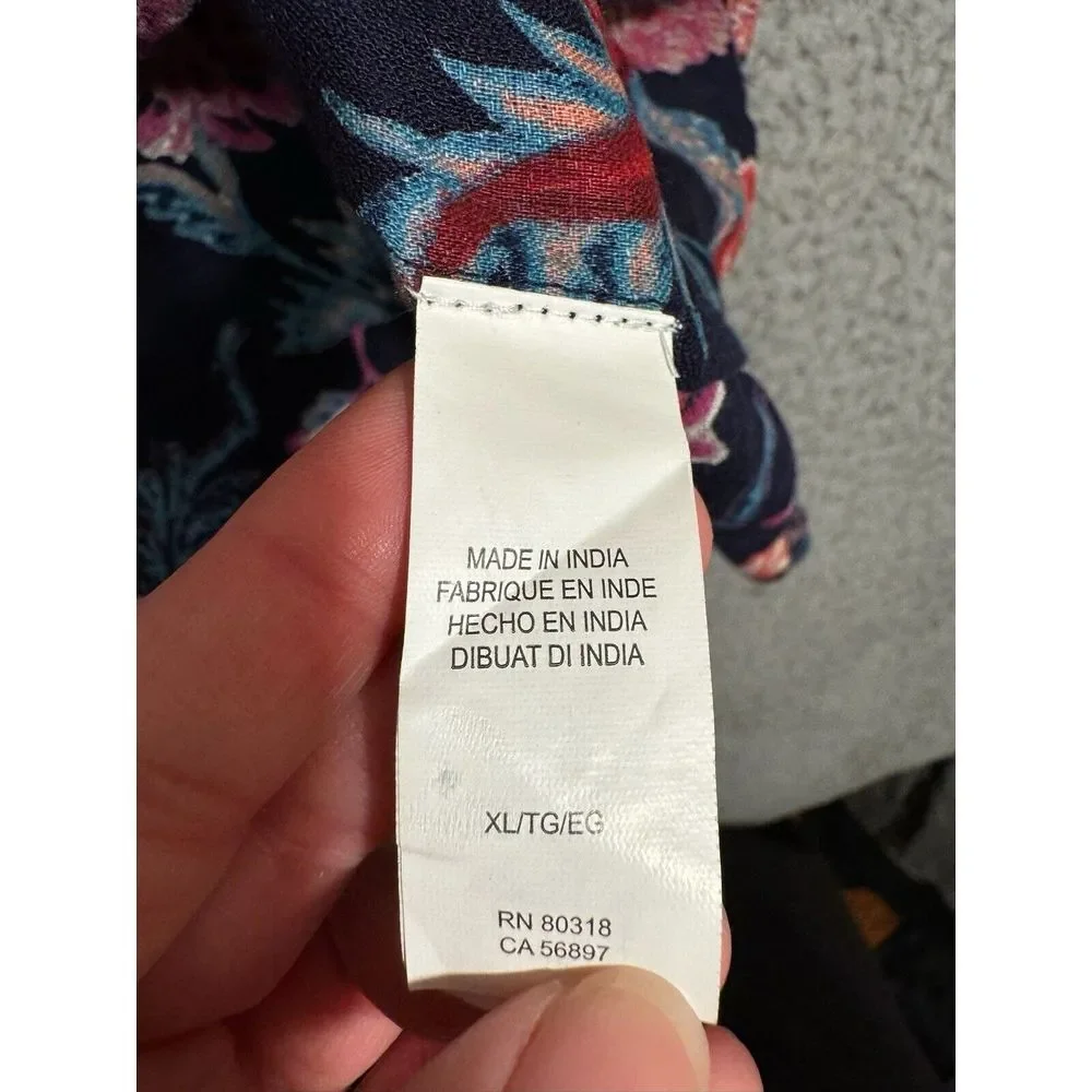 Lucky Brand Womens Blouse XL Dark Blue Red Pink Floral Long Sleeve Tie‎ Front - Picture 12 of 12